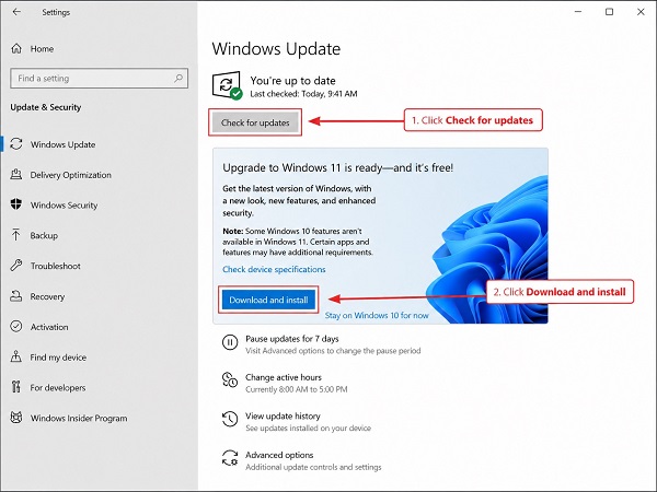 Windows Update showing Windows 11 Download and install option